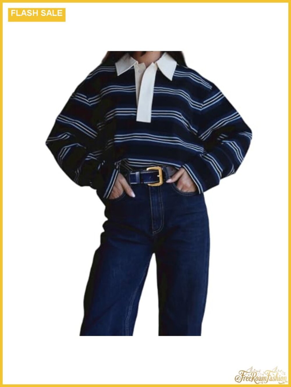 Women's Striped Polo Shirt Long Sleeve V-Neck Oversized Rugby Pullover Top